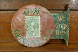 Rare Vintage 1930’s Early S&h Green Stamps Metal 2 Sided Advertising Flange Sign