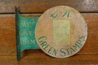 RARE Vintage 1930’s Early S&H Green Stamps Metal 2 Sided Advertising Flange Sign 2