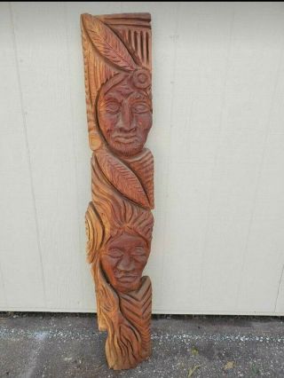 Rare Vintage 57.  5 " Wooden Native American Totem Pole Style Carving Indian Busts