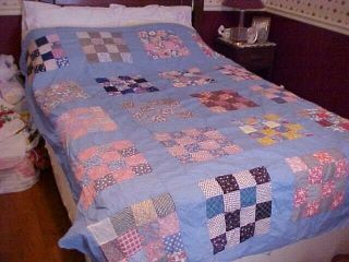 Vintage Hand Pieced Quilt Top,  Multicolored 16 Block Design,  Lotsa Ble