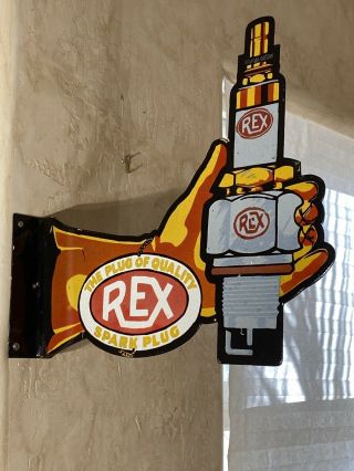 Flanged Vintage  Rex - Spark Plugs   Double Sided Porcelain Sign 16x18 In.