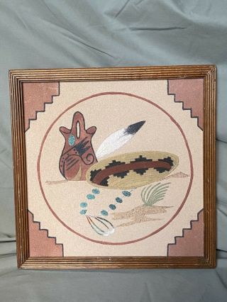 Navajo Sand Painting 12 X 12 Basket Pottery & Feather Framed Native American Art