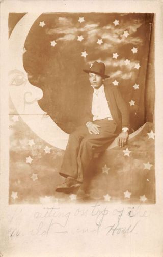 Paper Moon Man Wearing Hat Studio Real Photo Vintage Postcard Aa18249