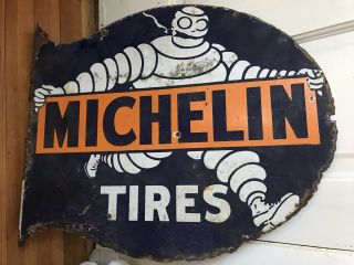 Vintage Michelin Tires Porcelain Sign,  Service Station,  Blue & Orange W/flange