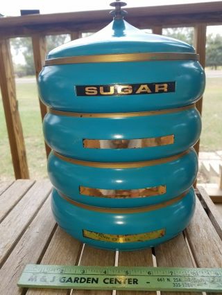 Vintage Round Metal Stackable Turquoise Canister Set With Gold Sugar Label