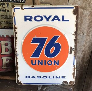 Vintage 1960s Royal 76 Union Gasoline Porcelain Embossed Metal Sign
