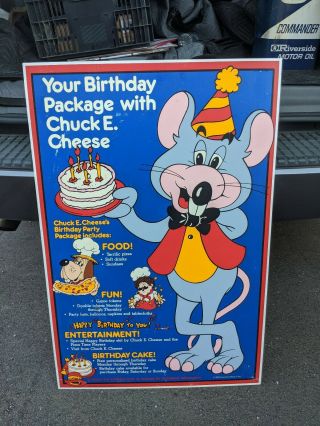 Vintage 34 " X 24 " Early Chuck E.  Cheese Birthday Sign Plastic 1983