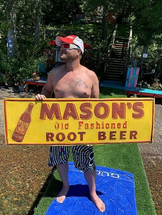 Vintage Old Lg Mason Root Beer Soda Pop Metal Sign W/ Bottle Graphic 54x18