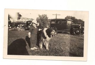 Little Boy With Collie Dog And Model A Cars In Background.