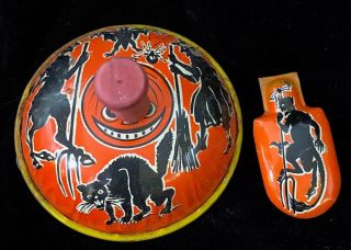 Vintage Kirchhof Halloween Tin Litho Noisemaker Clicker Wood Handle Devil Cat