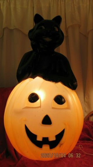 Black Cat Pumpkin Halloween Lighted 34 " Vintage Blow Mold - General Foam Plastic
