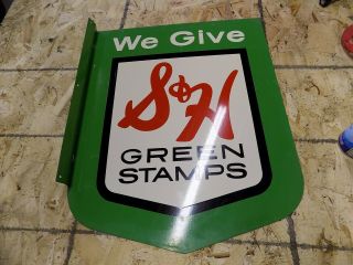 Rare Nos Vintage S&h Green Stamps Double - Sided Hanging Metal Flange Sign 1950s