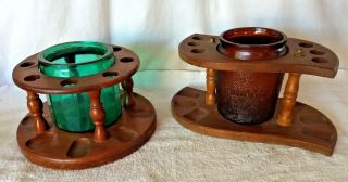 Vintage Wood Pipe Holders With Green & Amber Glass Tobacco Humidor Holders
