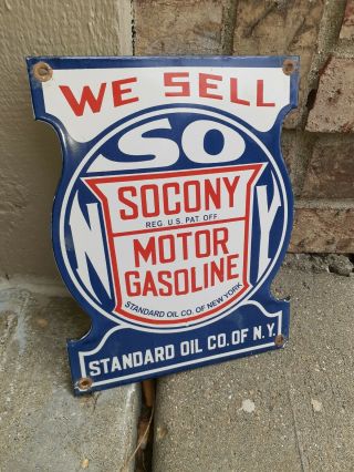Standard Oil Socony Motor Gasoline Gas Pump Plate Porcelain Metal Sign