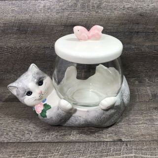 Vintage Treasure Craft Gray Kitty Cat With Glass Fish Bowl Cookie Jar Usa