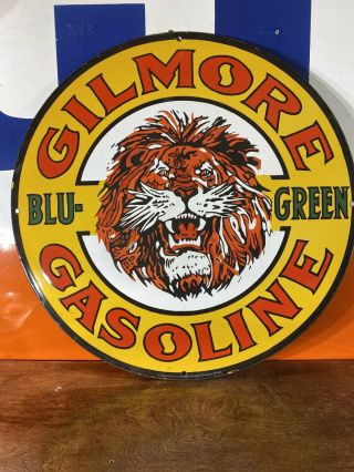 Large Vintage  Gilmore Blu - Green  Gasoline 24 Inch Dealer Sign Porcelain