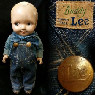 Vintage 1940s Composition Buddy Lee Doll Overalls Chambray Shirt