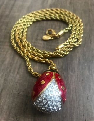 Vintage Joan Rivers Jewelry Gold Tone Ladybug Egg Necklace Enamel Swarovski
