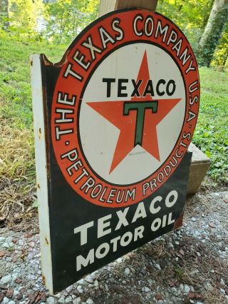 Vintage ? Texaco Motor Oil Double Sided Porcelain Flange Gas Sign 18 " X 23 "