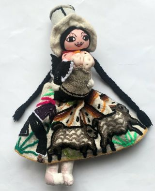 Peruvian Handmade Embroidered 12 " Doll With Two Babies,  Bird Collectable Gift