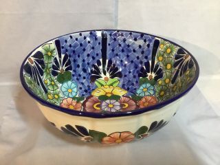 Talavera Castillo Mexican Folk Pottery Large Serving Bowl Vibrant Floral Motif