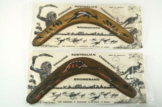 2 Vintage Boomerangs Made In Australia Wood Hand Painted In Packaging Gifts 3