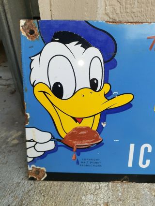 c.  1950s Vintage Donald Duck Ice Cream Sign Porcelain Rare Sign Disney 2