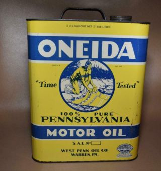 Vtg.  Oneida Motor Oil Can - 2 Gal.  - Native American Logo - West Penn Oil Co.