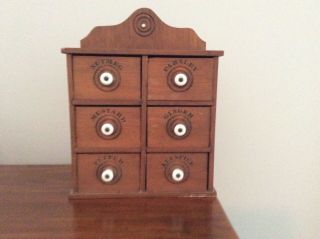 Vintage 6 Drawer Wood Spice Cabinet With White Handles