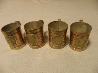 Set Of 4 Small Hammered Copper & Brass Aztec Mugs