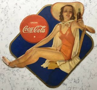 Rare Vintage Coca Cola Cardboard Cutout Hanging Sign 1940 Sunbathing Beauty