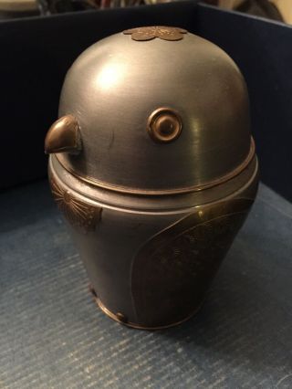 MCM Mid Century solid PEWTER OWL Brass Inlay Trinket Container Ginger Jar w/ top 2