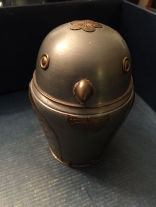 MCM Mid Century solid PEWTER OWL Brass Inlay Trinket Container Ginger Jar w/ top 3