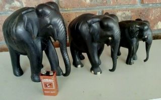 3 X Large Vintage Elephant Figurines.  Hand Carved Wood