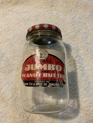 Vintage Franks Jumbo Brand Peanut Butter Jar 1 Lb Lid Tea & Spice Co