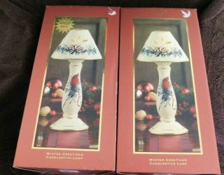 Set Of Vintage Lenox Christmas Winter Candle Stick Lamps In Boxes Cardinal Birds