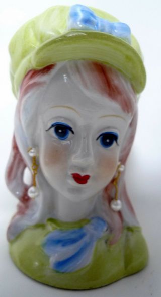 Vintage Nippon Hand Painted Porcelain Lady Head Vase 5 " Green Pearl Earrings