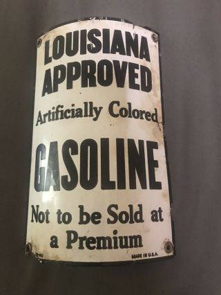 Rare Louisiana Approved Gasoline Porcelain Pump Plate.  Gas Oil Fry Pump