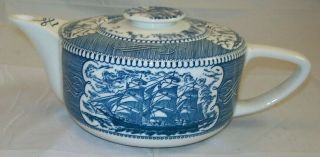Vintage Currier And Ives Blue & White Tea Pot Clipper Ship