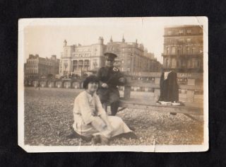 C1920s Photo - Soldier Sitting On A Bench On Beach With His Wife