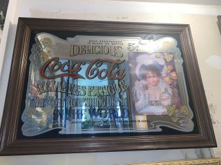 Large Vintage Coca Cola Mirror In Wood Frame Classic Pub Bar Sign (36”x24”)