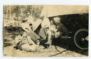 Two Women Man And Young Girl On Running Board Of Old Car Vintage Photograph
