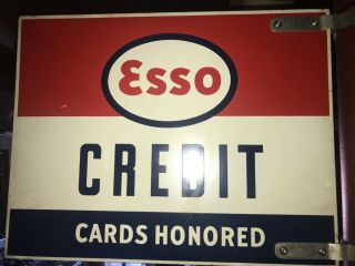 Vintage Nos Esso Double Sided Porcelain Credit Card Sign W Pole Bracket