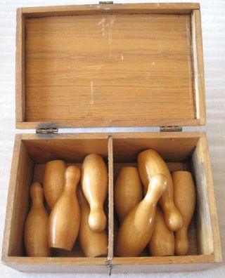 Vintage Set Of 10 Toy Bowling Pins In Wooden Box