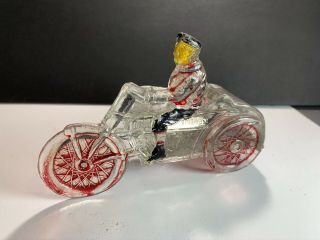 Rare Vintage Glass Candy Container Man On Motorcycle W/sidecar