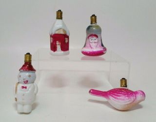 4 Vintage Milk Glass Figural Light Bulbs Christmas Snowman Santa Bell House Bird