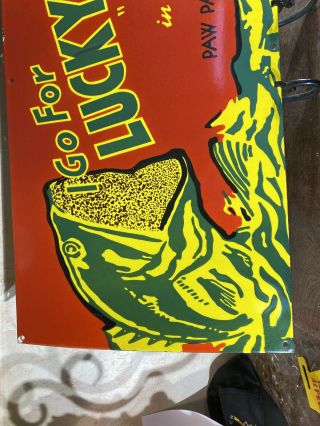 LARGE VINTAGE  LUCKY LURES PORCELAIN GAS & OIL SIGN 36 X20 INCH GREAT SIGN 2