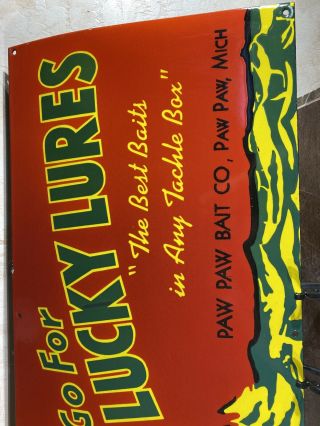 LARGE VINTAGE  LUCKY LURES PORCELAIN GAS & OIL SIGN 36 X20 INCH GREAT SIGN 3