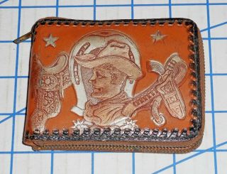 Vintage 1950s Cowboy Western Child’s Zipper Leather Wallet Vg