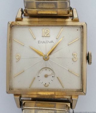 Vintage Huge Square Bulova Gold Plate Running Mens Wrist Watch